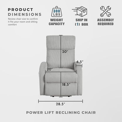 Lexicon Power Lift Recliner Chair for Elderly with Remote Control, Gentle Lift Motion, Side Pocket Armrest, Corduroy Upholstered Electric Recliner for Living Room/Bedroom, Easy Assembly, Light Gray