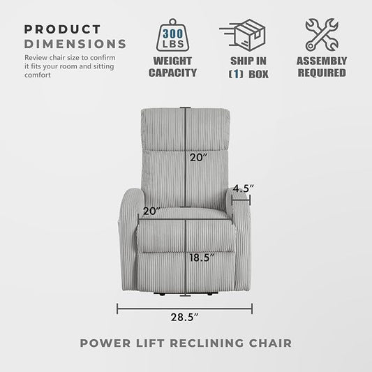 Lexicon Power Lift Recliner Chair for Elderly with Remote Control, Gentle Lift Motion, Side Pocket Armrest, Corduroy Upholstered Electric Recliner for Living Room/Bedroom, Easy Assembly, Light Gray