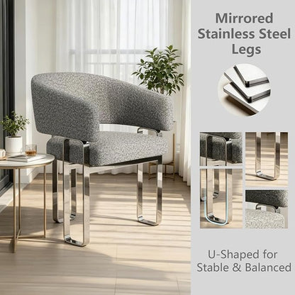 Boucle Dining Chair, Grey Barrel Chairs with Arm, Backrest, and Mirrored Silver Stainless Steel U-Shaped Legs, Set of 1
