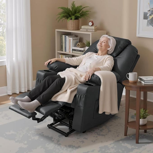 MCombo Power Lift Recliner Chair for Elderly, Lift Chair with Heat and Massage, FSC Certified, USB Ports, Cup Holders, Faux Leather 7141 (Black, Small)
