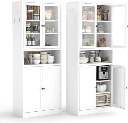 72" H White Steel Kitchen Pantry Storage Cabinets with Glass Doors | Pantry with Glass & Solid Doors, Heavy Duty Freestanding Utility Cabinet for Dining/Living Room, Assembly Required