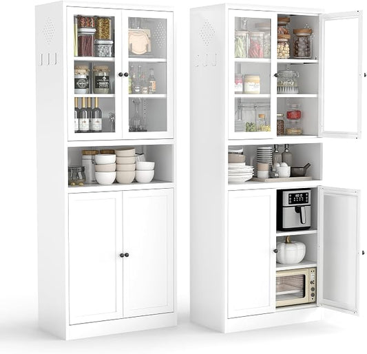 72" H White Steel Kitchen Pantry Storage Cabinets with Glass Doors | Pantry with Glass & Solid Doors, Heavy Duty Freestanding Utility Cabinet for Dining/Living Room, Assembly Required