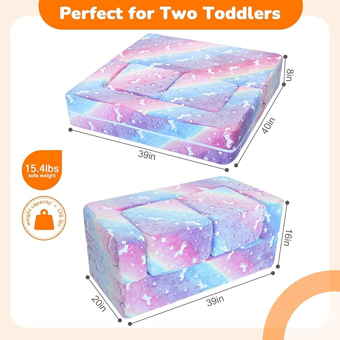 MeMoreCool Glow in the Dark Kids Couch – Modular Fold-Out Toddler Sofa (Rainbow) | Convertible Play Couch for Bedroom & Playroom; Chair, Bed, Fort or Ball Pit; Machine-Washable Velour Cover