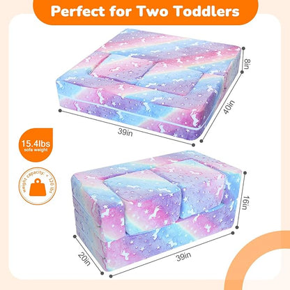 MeMoreCool Glow in the Dark Kids Couch – Modular Fold-Out Toddler Sofa (Rainbow) | Convertible Play Couch for Bedroom & Playroom; Chair, Bed, Fort or Ball Pit; Machine-Washable Velour Cover