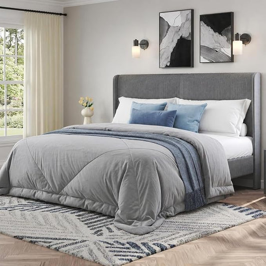 AMERLIFE Queen Bed Frame, Upholstered Platform Bed with Corduroy Headboard, Easy Assembly Modern Grey Bed Frame with Wooden Slats Support, No Box Spring Needed