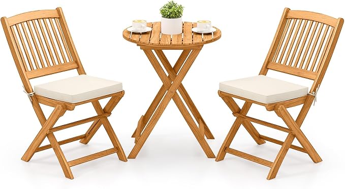 Tangkula 3 Pieces Acacia Wood Patio Folding Bistro Set, Outdoor Table and Chairs Set with Soft Cushions, Patio Furniture Set for Porch, Balcony, Garden, Deck and Backyard