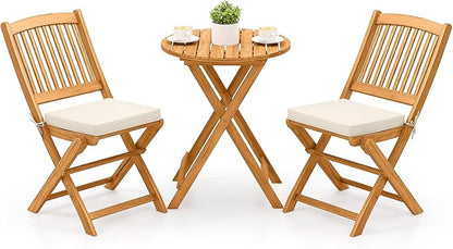 Tangkula 3 Pieces Acacia Wood Patio Folding Bistro Set, Outdoor Table and Chairs Set with Soft Cushions, Patio Furniture Set for Porch, Balcony, Garden, Deck and Backyard