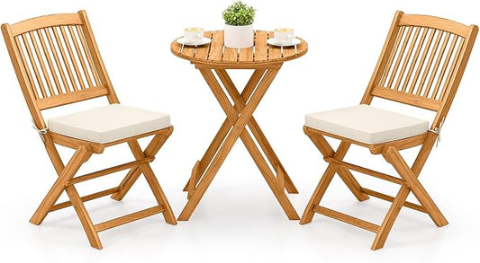 Tangkula 3 Pieces Acacia Wood Patio Folding Bistro Set, Outdoor Table and Chairs Set with Soft Cushions, Patio Furniture Set for Porch, Balcony, Garden, Deck and Backyard