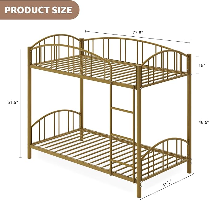 IDEALHOUSE Twin Over Twin Bunk Bed Frame, Twin Bunk Bed Frame with Heightened Arched Guardrail and Safety Ladder, Sturdy Steel Bed for School, Bedroom, Easy Assembly, Modern Gold