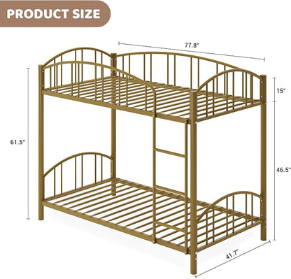 IDEALHOUSE Twin Over Twin Bunk Bed Frame, Twin Bunk Bed Frame with Heightened Arched Guardrail and Safety Ladder, Sturdy Steel Bed for School, Bedroom, Easy Assembly, Modern Gold
