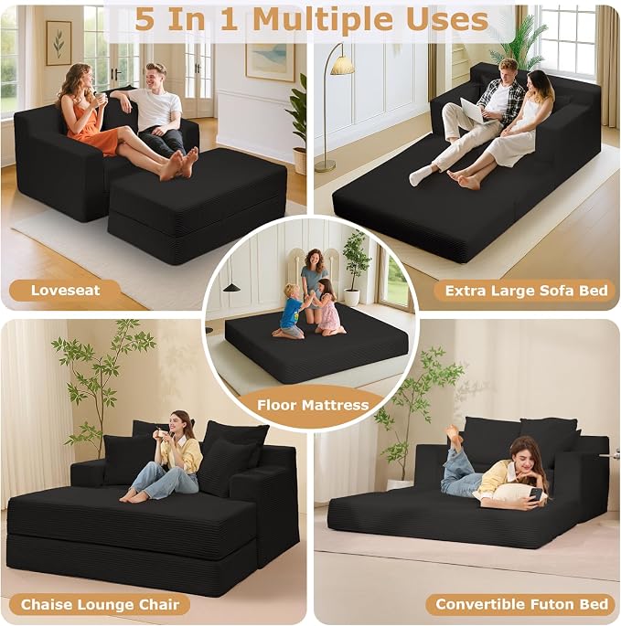 cidludto Convertible Futon Sofa Bed with Ottoman, 5 in 1 Folding Couch Bed Loveseat, Corduroy Boneless Couch with Deep Seat for Living Room Chaise Lounge Chair Indoor, No Assembly Required, Black