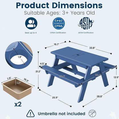 FOOWIN Kids 3-in-1 Sand & Water Table,HDPE Outdoor Convertible Picnic Table w/Detachable Tabletop, for Outdoor Backyard Patio Play Blue