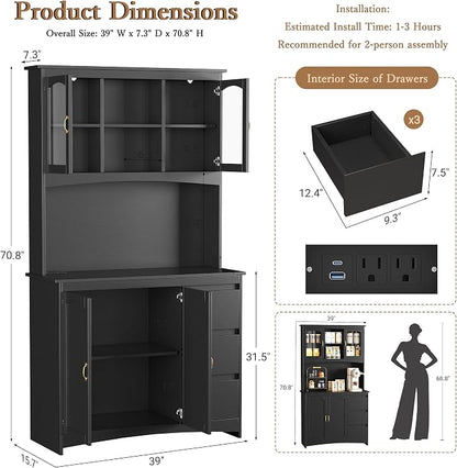 Garvee Kitchen Pantry Cabinet with LED Lights & Charging Station, 71" Tall Kitchen Hutch Storage Cabinet with Countertop, 3 Drawers, 4 Doors, Adjustable Shelves for Dining Room, Black