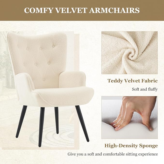 Furnimart Accent Chairs Set of 2, White Sherpa Reading Armchair with High Backrest, Wingback Corner Chair Mid Century Modern for Living Room, Bedroom, Waiting Room