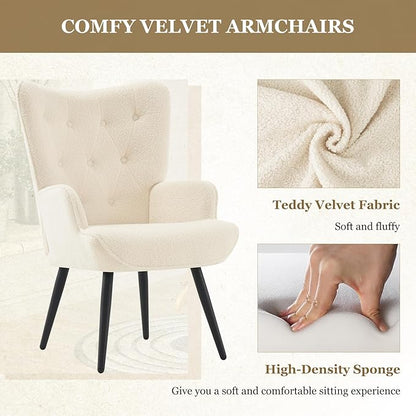 Furnimart Faux Fur White Accent Chair Mid Century Modern Living Room Chairs; Comfy Armchair Leisure Vanity Guest Wingback Chair for Office Study Vanity Bedroom Waiting Room White