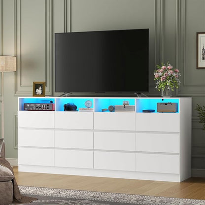 Gyfimoie 6-Drawer Dresser with Divided Compartments, Charging Station & LED Lights, 63" Wide TV Stand for TVs up to 75", Large Organizer with 4 Open Cubbies (White, 6 Drawers)