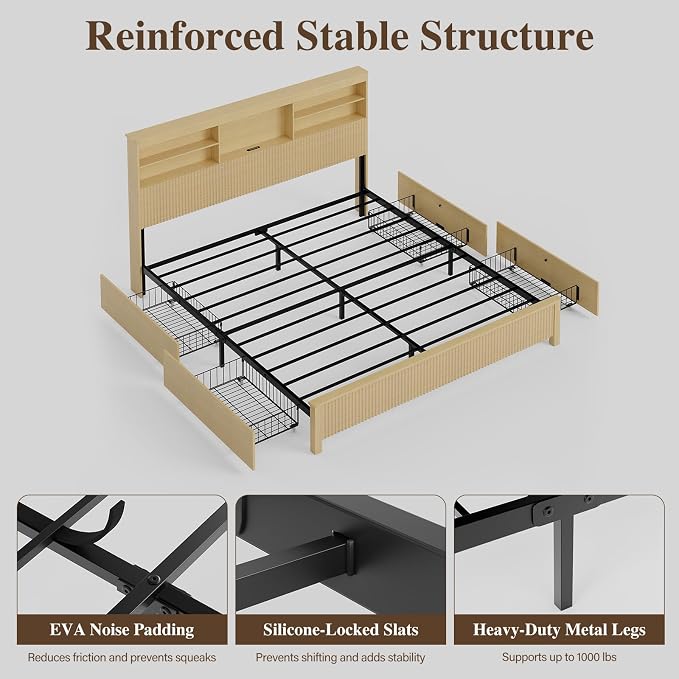 King Size Bed Frame and Tall Headboard & Storage, Metal Platform Bed Frame with 4 Storage Drawers, King Bed Frame with LED Lights & Charging Ports, No Box Spring Needed, Noise-Free, Natural