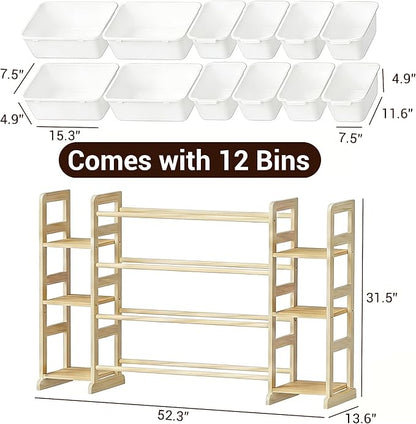Kiddocood Kids Toy Storage Organizer with 12 Bins, 100% Solid Wood - Natural Finish Montessori Toy Organizer, BPA Free, CPC & TIC Certified Playroom Organization for Living Room & Nursery, 52.3"