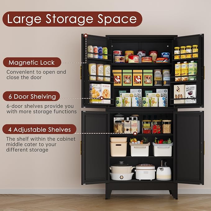 PAOFIN 75" H Metal Storage Cabinet, Pantry with 6 Door Shelves and 4 Adjustable Shelves, Leveling Foot for Kitchen, Living Room and Dinning Room, Black