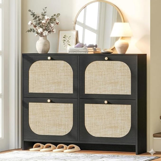 Nicetree Shoe Storage Cabinet for Entryway, Rattan Vintage Flip Shoe Rack- 4 Flip Drawers & 3-Tier Adjustable Shelves,Boho Shoe Organizer for 28-36 Pairs - Fits Size 12 Boots, 9.5" Ultra Slim