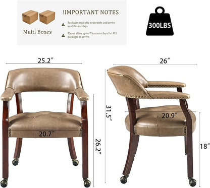 LEEMTORIG Set of 4 Large Dining Chairs with Casters and Arms, Rolling Dining Chairs with Wheels, Accent Game Table Chairs, 26“Dx25.2 Wx31.5“H, Cherry Legs & Yellowish Brown PU SY-1533-PMB04