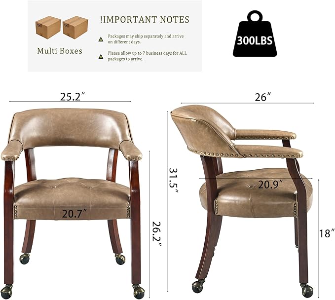 LEEMTORIG Set of 8 Large Dining Chairs with Casters and Arms, Rolling Dining Chairs with Wheels, Accent Poker Game Chairs, Wood Office Chairs, Cherry Legs & Yellowish Brown PU SY-1533-PMB08