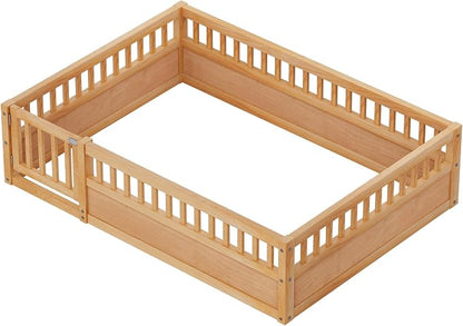 PVWIIK Full Size Floor Bed Frame with Convertible Door & Guardrails for Girls & Boys Bedroom,Montessori Bed/Near Ground Safety Design, No Box Spring Needed,Natural