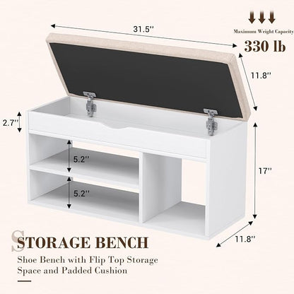 Apicizon 31 Inches Storage Bench with Padded Cushion, Shoe Bench with Storage Space, Upholstered Entryway Bench for Living Room, 2-Tier Shoe Rack Organizer, White