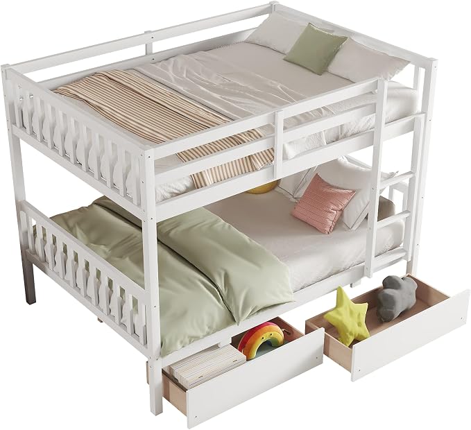 Harper & Bright Designs Full Over Full Bunk Bed with 2 Drawers, Convertible into 2 Beds, Bunk Bed with Ladder and Safety Guardrails, White