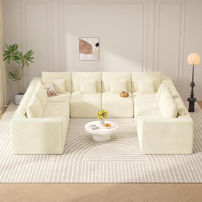 Modern U Shaped Modular Sectional Sofa, Convertible Oversized Cloud Couches for Living Room, Comfy 8 Seater Corduroy Boneless Couch Sofa Set, No Assembly Required, Beige 1 PCS