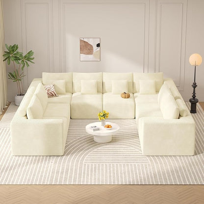 Modern U Shaped Modular Sectional Sofa, Convertible Oversized Cloud Couches for Living Room, Comfy 8 Seater Corduroy Boneless Couch Sofa Set, No Assembly Required, Beige 1 PCS