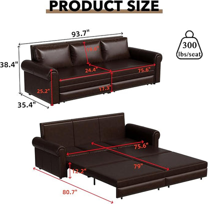 93.7" King Pull Out Sofa Bed, Faux Leather Sleeper Sofa Couch, 3 in 1 Convertible Futon Couches for Living Room, Small Space, Apartment, Office, Bedroom, Modern Rivet Armrest, Dark Brown