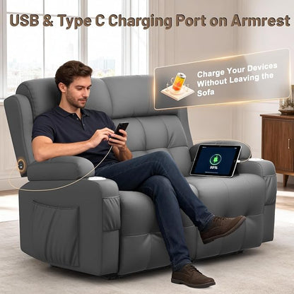 Reclining Loveseat, Wall-Hugger Loveseat Recliner Design with USB/Type C Charging & Storage & Cupholder, Pebble-Weave Fabric Recliner Sofa Couch for Living Room, Home Theater & RV Use
