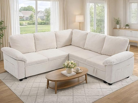 85" Modular Sectional Sofa Bed with Storage, L Shaped Pull Out Couch, Removable Chenille Sofa Cover for Living Room (Beige, 5 Seat)
