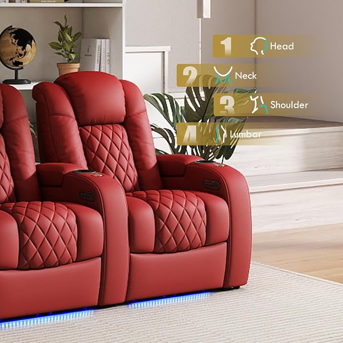 Weilianda Home Theater Seating Top Grain Leather Zero Gravity Recliner Chair Power Headrest Recline Movie Seat Gaming 7 Colors Mood Light Sofa with Tray Table USB Charge Row of 2 Loveseat Red