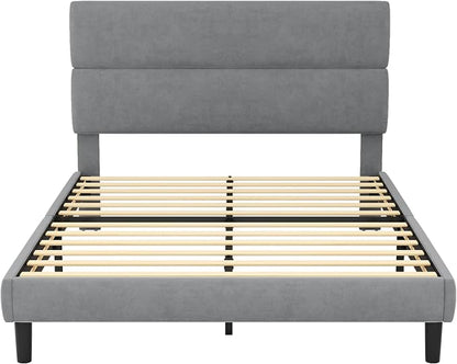 GRUSIGN Queen Size Platform Bed Frame with Velvet Headboard, Adjustable Height Wooden Slats Support, Upholstered Mattress Foundation, Fits Mattress or Mattress with Box Spring, Easy Assembly, Grey