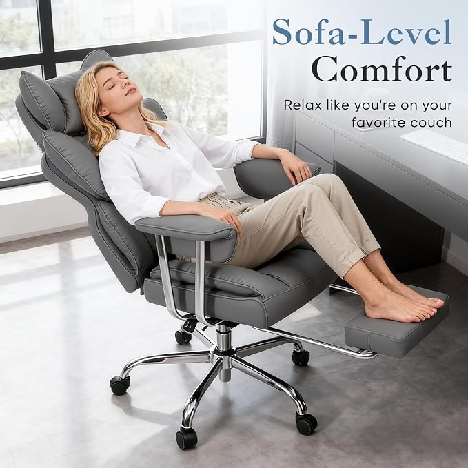 DUMOS Big and Tall Office Chair 400 LBS, Scratch-Resistant PU Leather Executive Office Desk Chair with Footrest, Ergonomic Reclining Computer Chairs with Pocket Spring Support, Grey