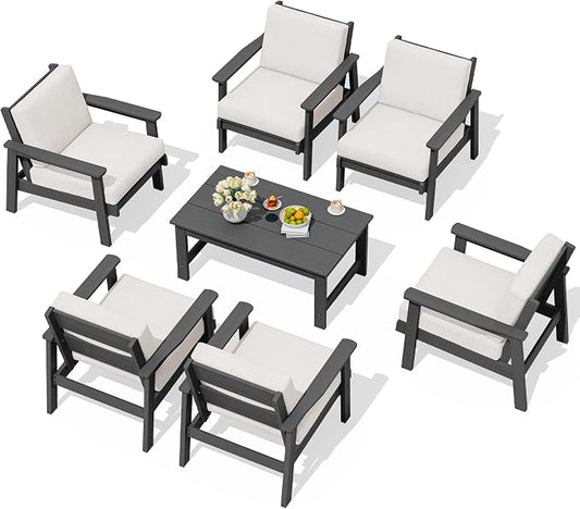 SERWALL HDPE Outdoor Furniture Set, 7 Piece All Weather Wood-Like Outdoor Sofa Sectional Couch, Grey Patio Furniture Set with Khaki Cushions