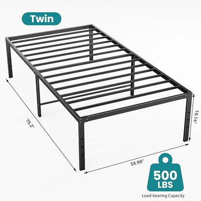 Sweetcrispy Twin Size 16 Inch Platform Bed Frame, Heavy Duty Metal Foundation Frame, Noise-Free Sturdy Steel Slats, Underbed Storage, No Box Spring Needed, Quick Setup