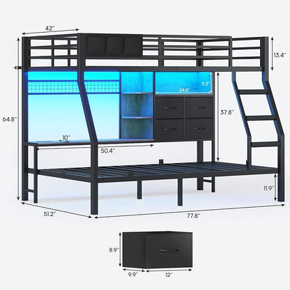 BTHFST Bunk Bed Twin Over Twin with 4 Storage Drawers & Shelves & Bedside Caddy, Twin Bunk Beds with Charging Station & LED Lights, Metal Loft Bed with Safety Guardrail & Angled Ladder, Black & Grey
