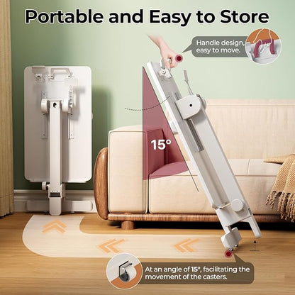 Foldable Mobile Standing Desk, 27 Inch Small Rolling Laptop Cart Height Adjustment, 90° Tiltable Bedside Table, No Assembly Needed Portable Computer Workstation, White