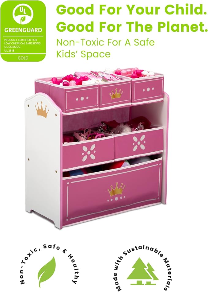 Delta Children Princess Crown Design & Store 6 Bin Toy Storage Organizer - Greenguard Gold Certified, White/Pink