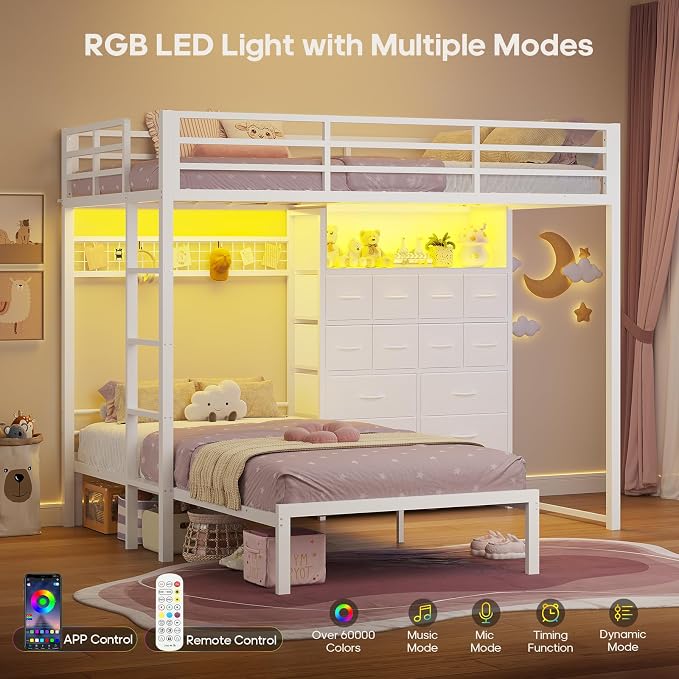 BTHFST Bunk Bed Twin Over Twin with 14 Storage Drawers & Bookshelf, Twin Bunk Beds with RGB LED Lights & Metal Grid Panel, Metal Bunk Beds for Kids with Safety Guardrails & Ladder, White