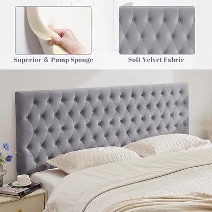 Upholstered Queen Headboard Only, Premium Velvet Button Tufted Headboards, Adjustable Solid Wood Head Board, Padded Headboard with Solid Wood Legs in Bedroom (Gray)