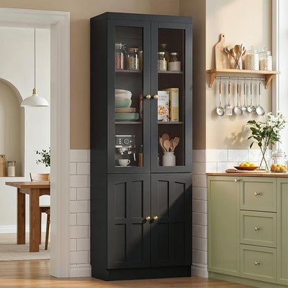 Cyclysio Kitchen Pantry Cabinet, 80" Wood Pantry Storage Cabinet with Doors and Adjustable Shelves, Kitchen Cabinet with Thickened Top Panel, Tall Cabinet for Livingroom, Pantry, Bathroom, Black