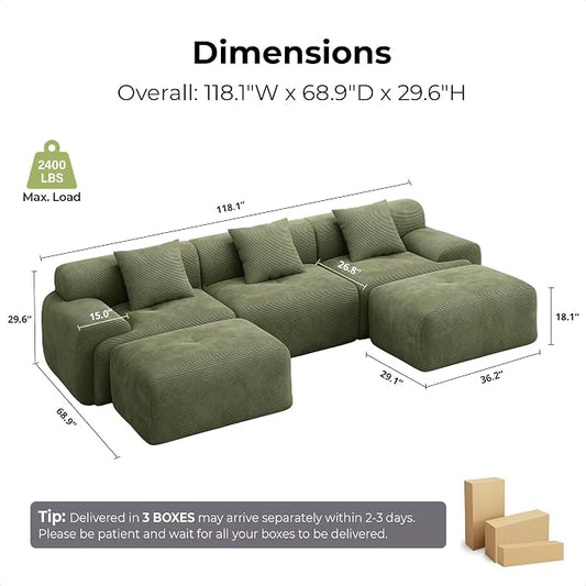 LIKIMIO LumiCord 118" Tufted Modular Sectional Sofa, Modern U-Shaped Boneless Couch for Living Room, 26.8" Deep Seat, 18.1" High Seating, 15" Wide Armrest, Corduroy, Olive Green