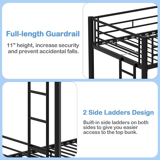 VECELO Twin Over Twin Bunk Bed with Trundle, Black | Metal Bunkbeds, 2 Side Ladders, Full-Length Guardrail, Noise Free, No Box Spring Needed