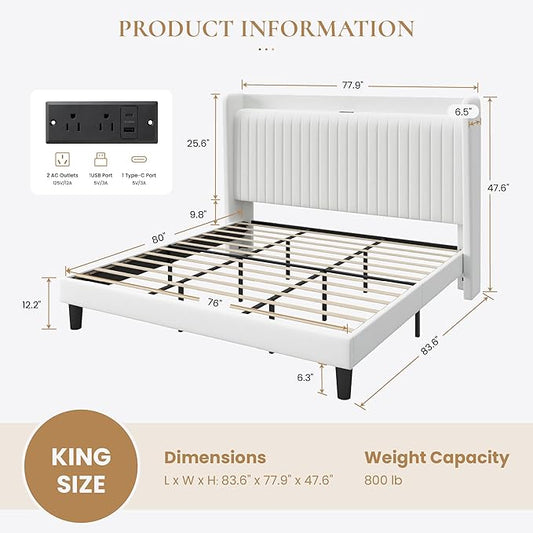 SHA CERLIN King Size Velvet Bed Frame with USB Charging Station, Wingback Storage Headboard, Upholstered Platform Bed with Wooden Slats Support, No Box Spring Needed, Easy Assembly, White