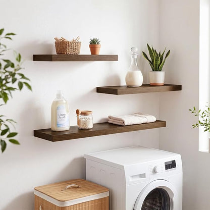 RICHFOCUS 28Inch Floating Shelves for Wall 2 Pack Shelves for Bedroom|Kitchen|Bathroom|Laundry Room Rustic Wood Wall Mounted Shelf with Invisible Brackets for Books|Storage|Decor, Walnut