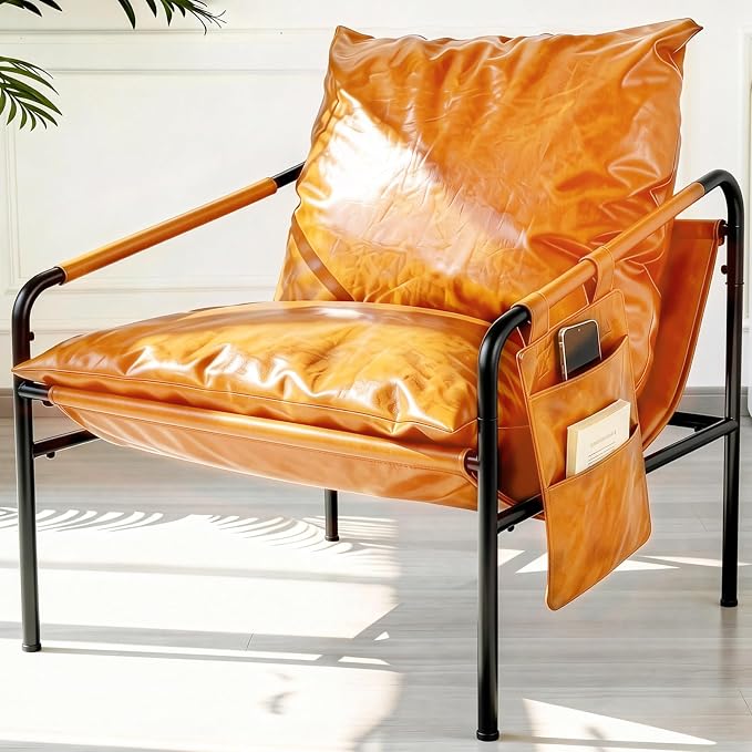 Modern Bright Orange Oversized Faux Leather Chair, Recliner Armchair, Comfy Accent Chair with Sturdy Metal Frame, Armrest bag, Indoor Outdoor couch sofa Chair for Living Room Bedroom Patio lounge